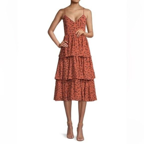 Fame and Partners Women Size 6 Bates Leopard Print Tiered Fit & Flare Midi-Dress - Picture 1 of 12